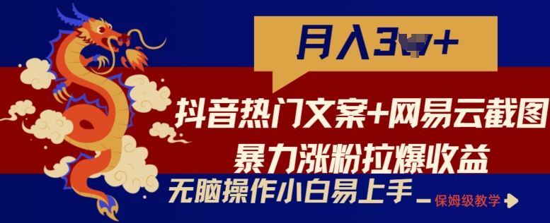 抖音热门文案+网易云截图暴力涨粉拉爆收益玩法，小白无脑操作，简单易上手【揭秘】-凌秋网创