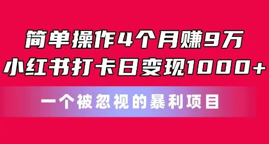 简单操作4个月赚9w，小红书打卡日变现1k，一个被忽视的暴力项目【揭秘】-凌秋网创