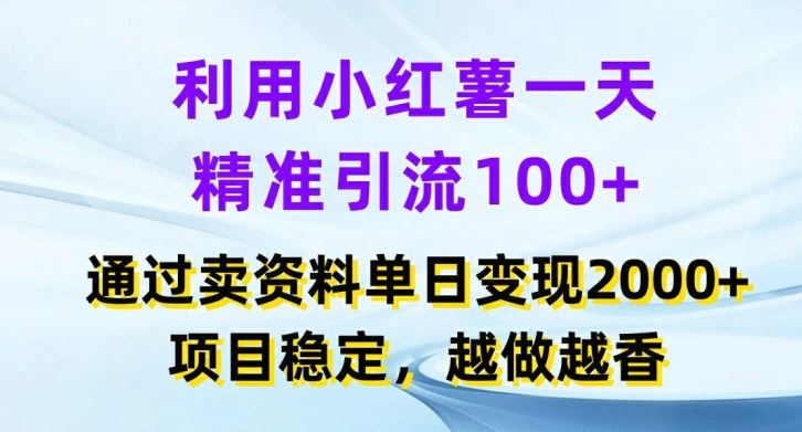 利用小红书一天精准引流100+，通过卖项目单日变现2k+，项目稳定，越做越香【揭秘】-凌秋网创