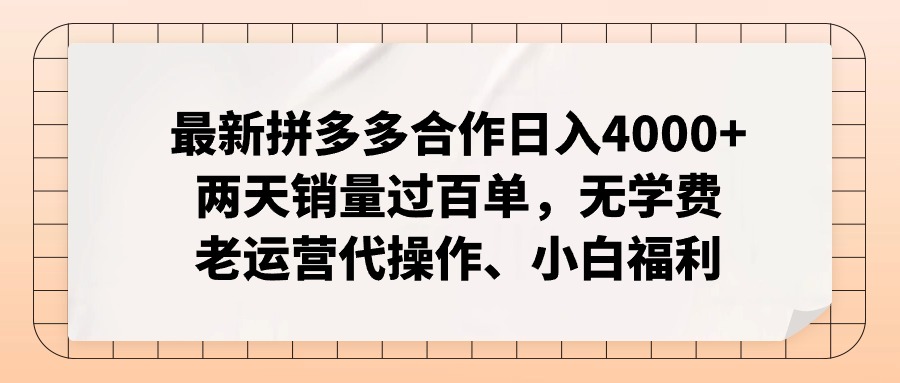 （12869期）拼多多最新合作日入4000+两天销量过百单，无学费、老运营代操作、小白福利-凌秋网创