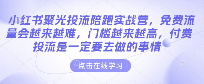 小红书聚光投流陪跑实战营，免费流量会越来越难，门槛越来越高，付费投流是一定要去做的事情-凌秋网创