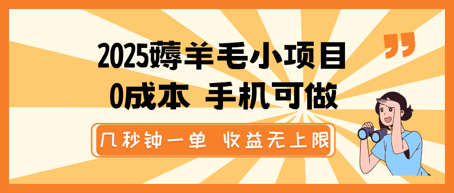 2025薅羊毛小项目，0成本 手机可做，几秒钟一单，收益无上限-凌秋网创