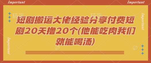 短剧搬运大佬经验分享付费短剧20天撸20个(他能吃肉我们就能喝汤)-凌秋网创