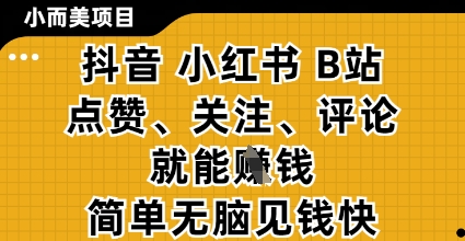 小而美的项目，抖音小红书B站视频点赞、关注、评论就能挣钱，简单无脑立见收益，妥妥的零撸项目【揭秘】-凌秋网创