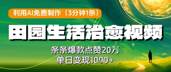 利用AI免费制作田园生活治愈视频，条条爆款点赞20W，单日变现几张-凌秋网创