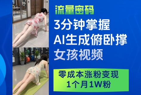 3分钟掌握AI生成俯卧撑女孩视频，零成本涨粉变现，1个月1W粉-凌秋网创