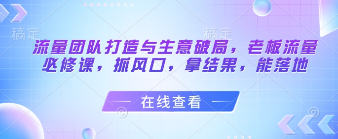 流量团队打造与生意破局，老板流量必修课，抓风口，拿结果，能落地-凌秋网创