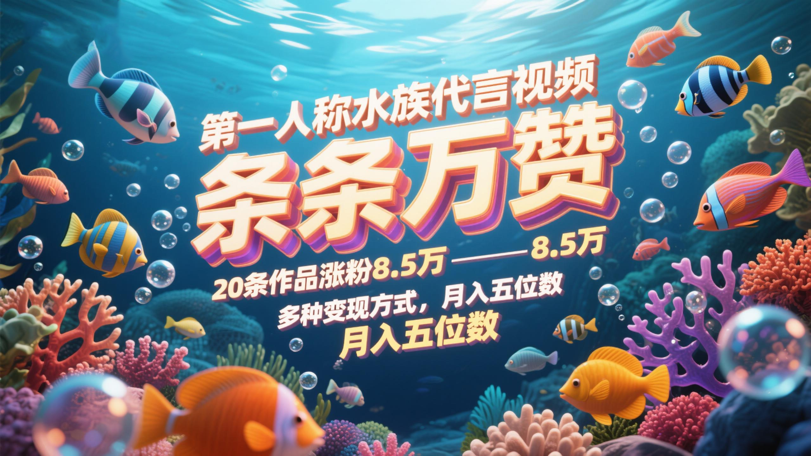 第一人称水族代言视频，条条万赞，20条作品涨粉8.5万，多种变现方式月，入五位数-凌秋网创