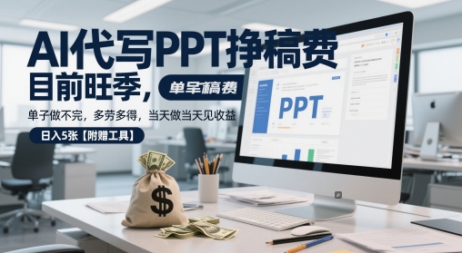 AI代写PPT挣稿费，目前旺季，单子做不完，多劳多得，当天做当天见收益，日入5张【附赠工具】-凌秋网创