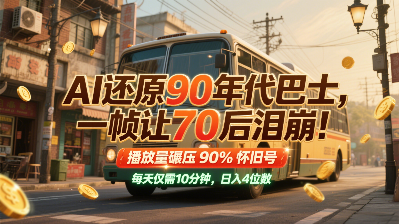 AI还原90年代巴士，一帧让70后泪崩！播放量碾压90%怀旧号，每天10分钟，日入4位数-凌秋网创