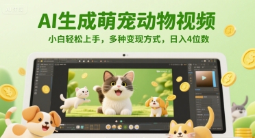 AI生成萌宠动物视频，小白轻松上手，多种变现方式，日入4位数-凌秋网创