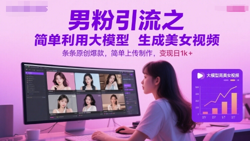 男粉引流之简单利用大模型生成美女视频，条条原创爆款，简单上传制作，变现日1k+-凌秋网创