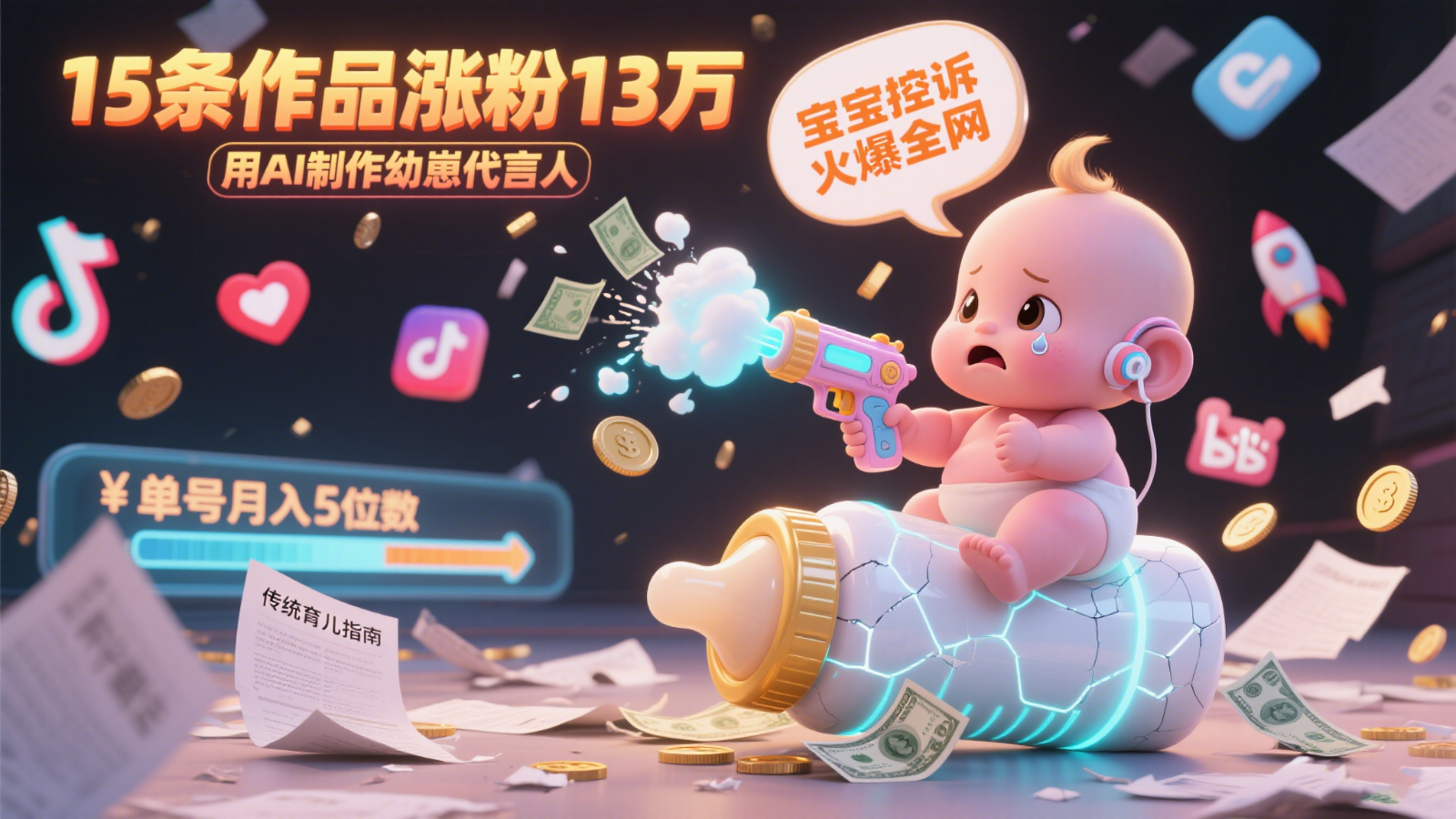 用AI制作幼崽代言人，宝宝的控诉火爆全网，15条作品涨粉13万，单号月入5位数实操教程-凌秋网创