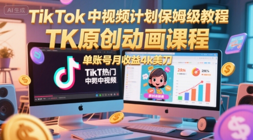 TikTok中视频计划保姆级教程，TK原创动画课程，单账号月收益4k美刀-凌秋网创