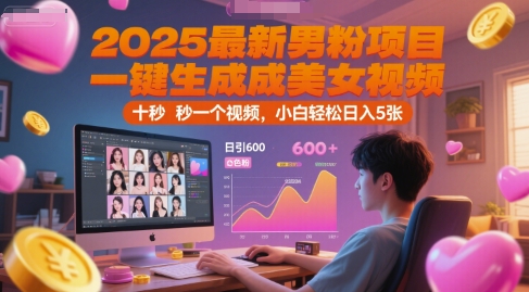 2025最新男粉项目，一键生成美女视频，日引600+色粉 十秒一个视频，小白轻松日入5张【揭秘】-凌秋网创