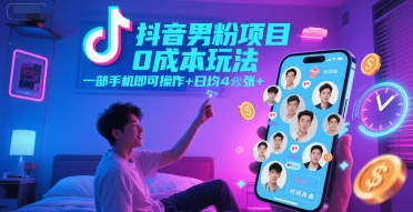 抖音男粉项目0成本玩法，一部手机即可操作，日均4张+，时间自由-凌秋网创