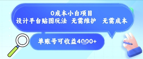 0成本小白项目，设计平台贴图玩法，无需维护，无需成本，单账号单月可产生收益4k+-凌秋网创