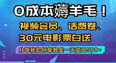 0成本薅羊毛!视频会员、话费卷、30元电影票白送，分享我如何靠转卖一天变现5张+【揭秘】-凌秋网创