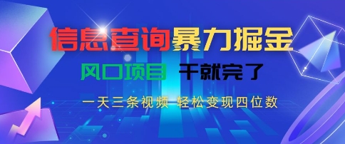 信息查询暴力掘金，一天三条视频，轻松变现四位数，风口项目干就完了【揭秘】-凌秋网创