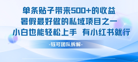 单条贴子带来5张的收益，暑假最好做的私域项目之一，小白也能轻松上手，有小红书就行-凌秋网创