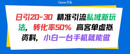 日引 20-30 精准引流私域新玩法，转化率50% 高客单虚拟资料，小白一台手机就能做-凌秋网创