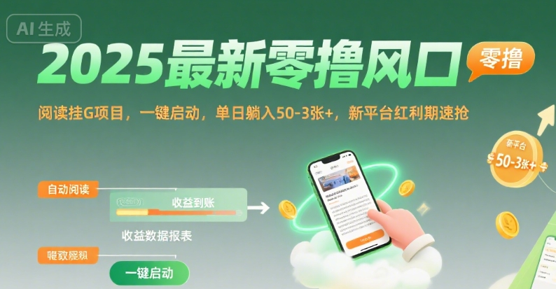 2025最新零撸风口，阅读挂G项目，一键启动，单日躺入 50-3张+，新平台红利期速抢【揭秘】-凌秋网创