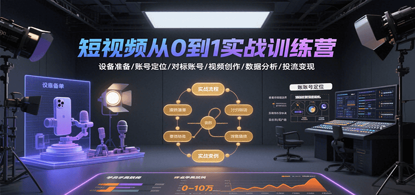 短视频从0到1实战训练营：设备准备/账号定位/对标账号/视频创作/数据分析/投流变现-凌秋网创