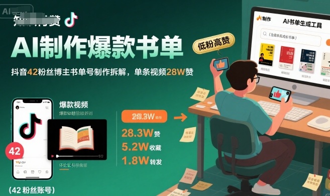 AI制作爆款书单，抖音42粉丝博主书单号制作拆解，单条视频28W赞-凌秋网创