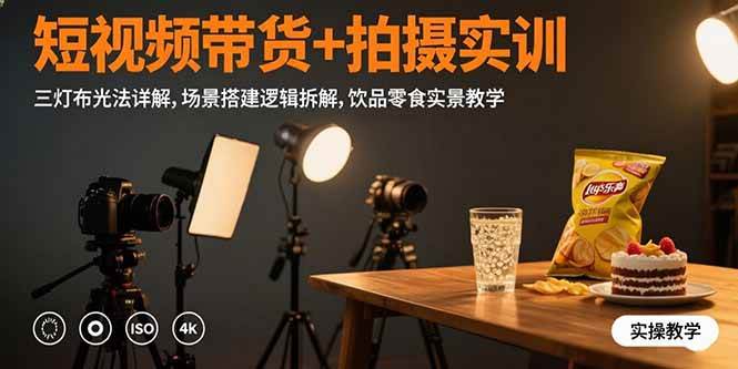 （15540期）短视频带货+拍摄实训：三灯布光法详解,场景搭建逻辑拆解,饮品零食实景教学-凌秋网创