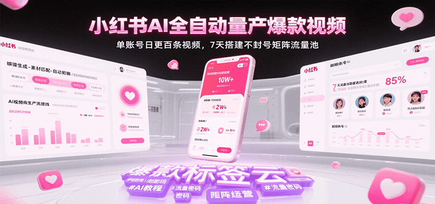 小红书AI全自动量产爆款视频，单账号日更百条视频，7天搭建不封号矩阵流量池-凌秋网创