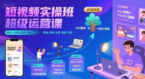 短视频实操班超级运营课，新手小白到短视频大神必修课程，剪辑-拍摄-运营-直播-变现-凌秋网创