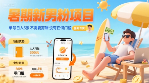 暑期新男粉项目 单号日入5张 不需要剪辑  没有任何门槛-凌秋网创
