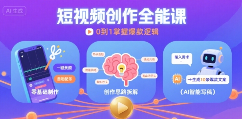 短视频创作课，短视频制作、创作思路、Ai写爆款文案-凌秋网创